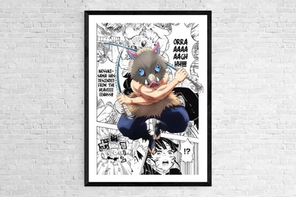 Black-framed demon slayer canvas poster featuring inosuke hashibira mid-action for home decor by decorbites