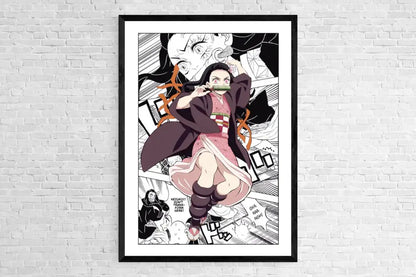 Black-framed demon slayer canvas poster featuring dynamic anime character in traditional japanese attire with vibrant pink accents for home decor