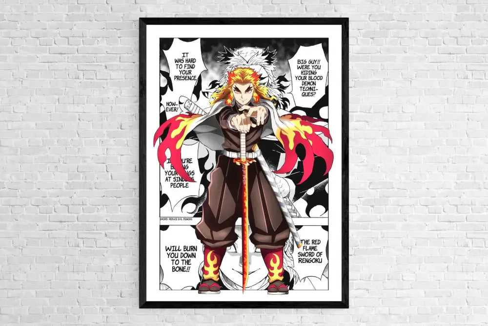 Black-framed demon slayer canvas poster featuring tanjiro kamado in brown and red attire for home decor