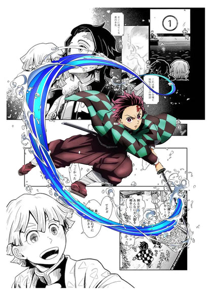 A demon slayer canvas poster featuring a pink-haired character in green-and-black attire slashing with a sword for home decor