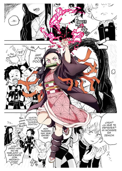 DecorBites™ demon slayer canvas poster featuring anime character in pink white geometric kimono and dark purple robe for home decor
