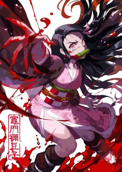 A dynamic rengoku art poster canvas featuring a female character in pink kimono wielding a sword with blood splashes