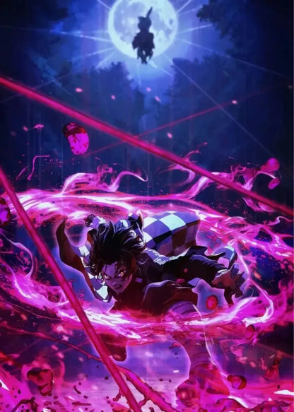 A rengoku art poster canvas featuring a dynamic anime character in black and white checkered outfit with pink energy effects under a blue moon