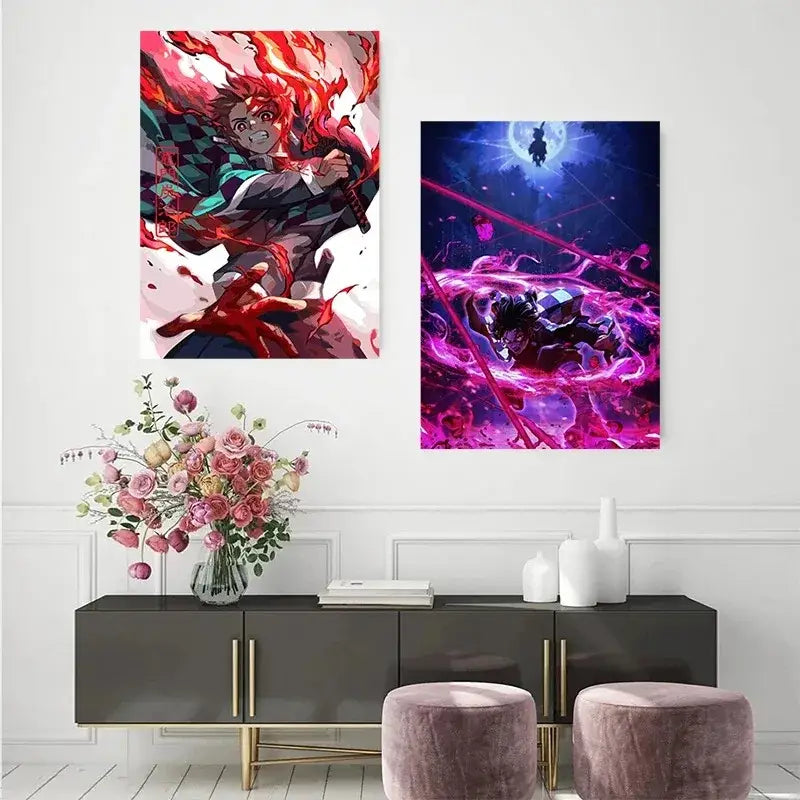 Two vibrant rengoku art posters featuring fiery red and electric purple anime scenes mounted above a dark console table