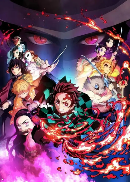 Vibrant rengoku art poster canvas featuring demon slayer cast in dynamic poses with fiery red energy effects for home decor