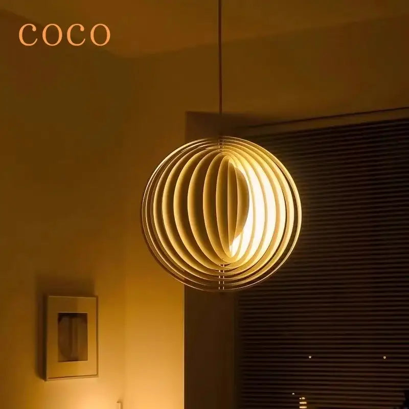 Warm-toned spherical wooden pendant light with concentric rings and glowing interior decorbites designer moon led chandelier