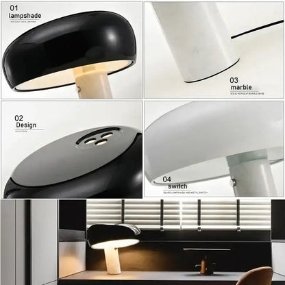 Black glossy lampshade with white marble base and metal switch of decorbites designer mushroom lamp for study room