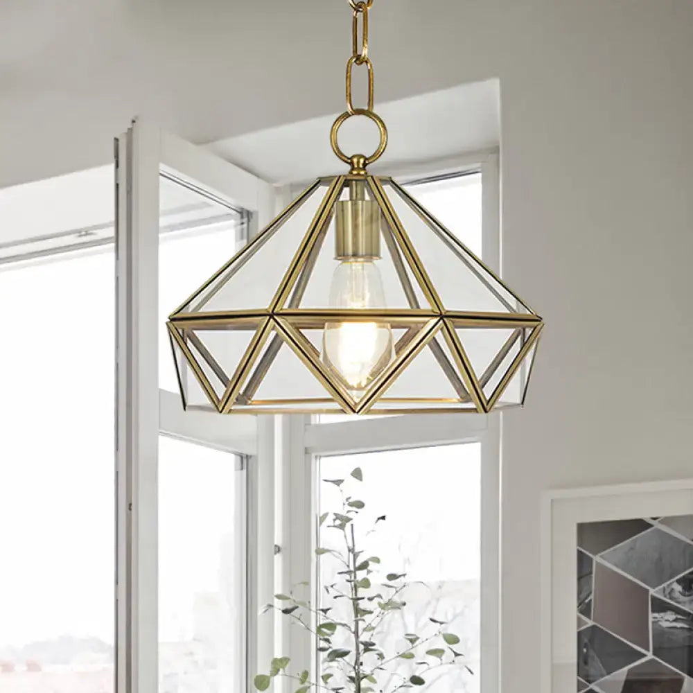 Decorbites diamond pendant ceiling light in brass with clear glass panels and visible bulb for bedroom 220v-240v 110v-120v