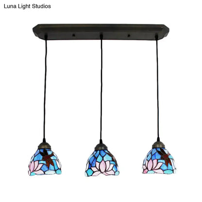 Decorbites™ 3-light stained glass pendant fixture with blue pink brown floral motifs suitable for 220v-240v led use