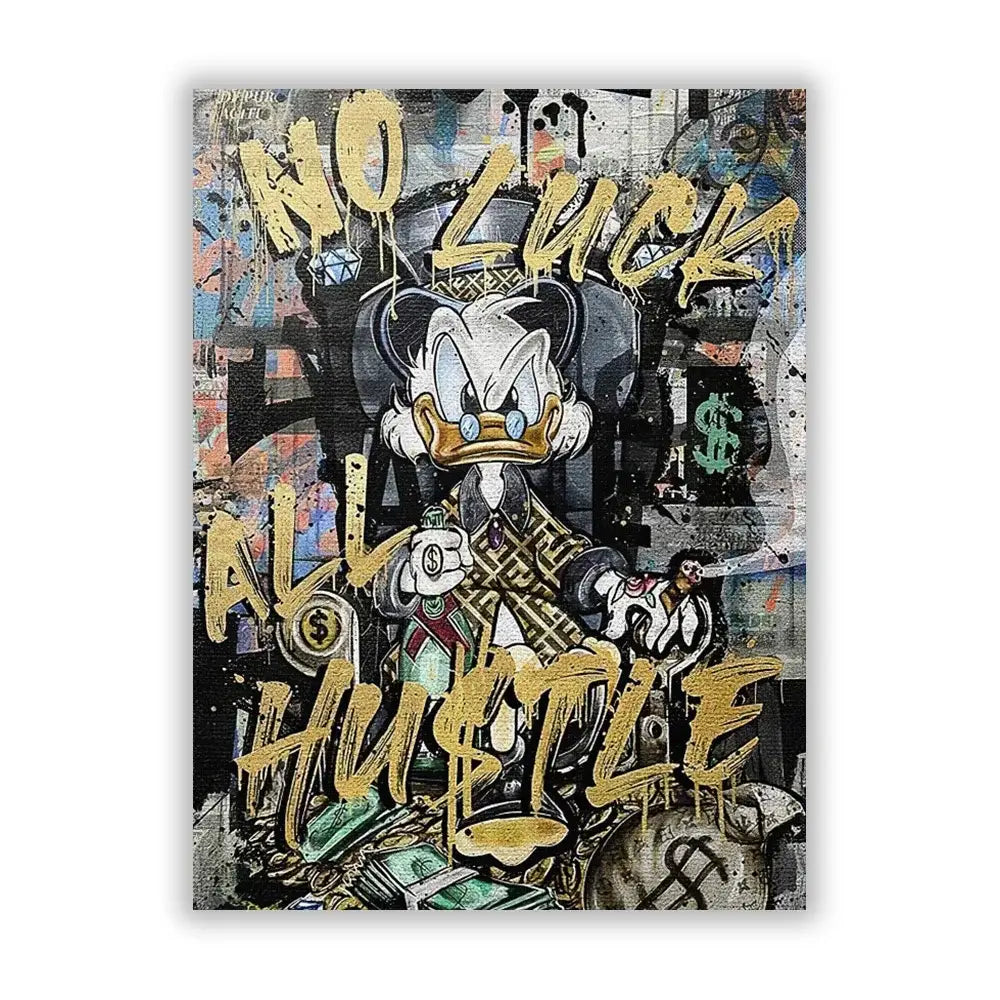 Decorbites™ disney marvel donald duck canvas wall art featuring graffiti-style donald duck in black and gold suit with bold yellow text and cash motifs