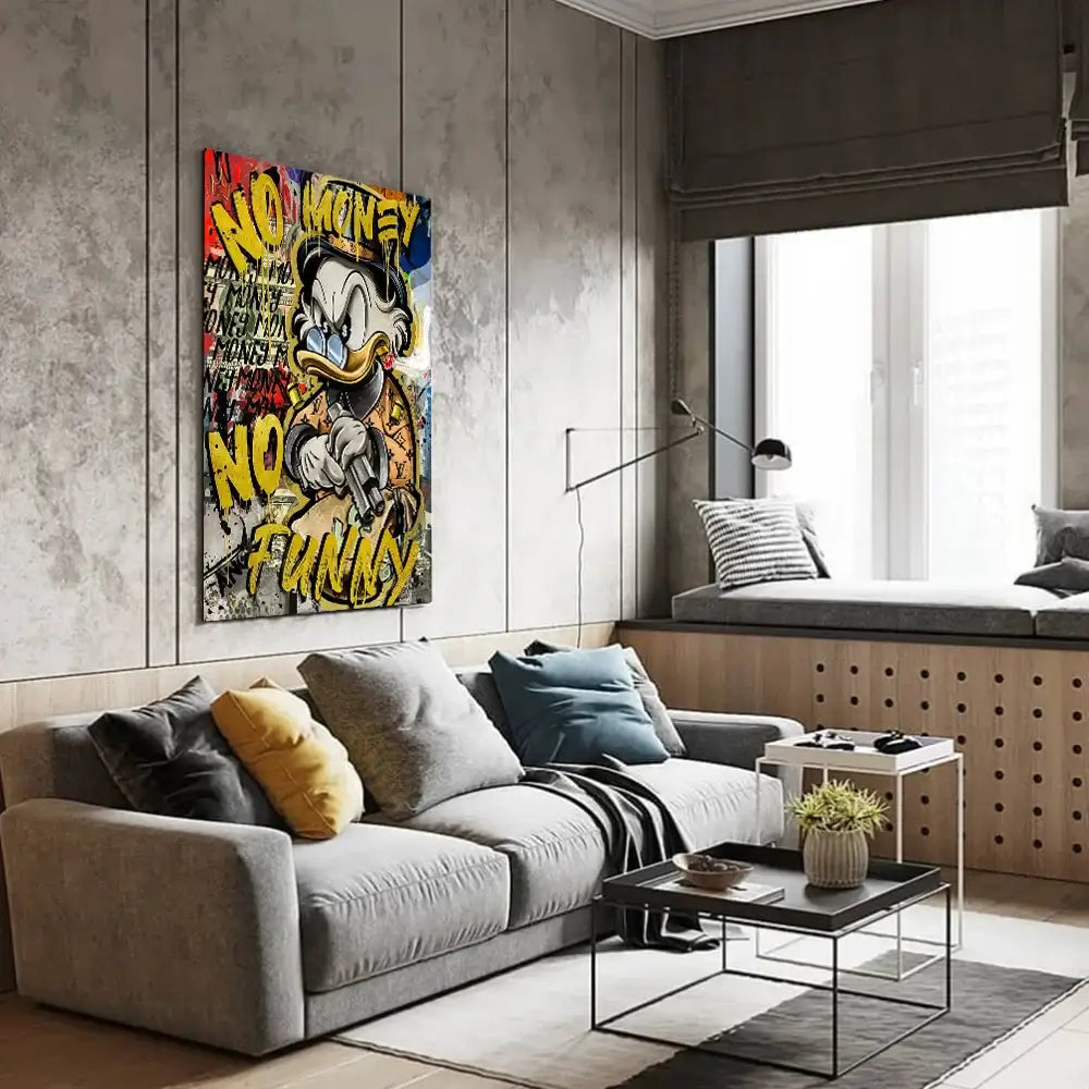 Vibrant graffiti-style donald duck canvas wall art by decorbites featuring yellow and black no money no funny text