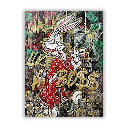 Vibrant graffiti-style canvas wall art featuring bugs bunny in red louis vuitton robe with supreme and gold coins, ideal decorbites disney marvel donald duck product