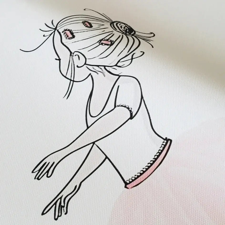 Decorbites™ dog lover nordic canvas wall art featuring delicate black ink line drawing of girl in ballet pose with pink accents