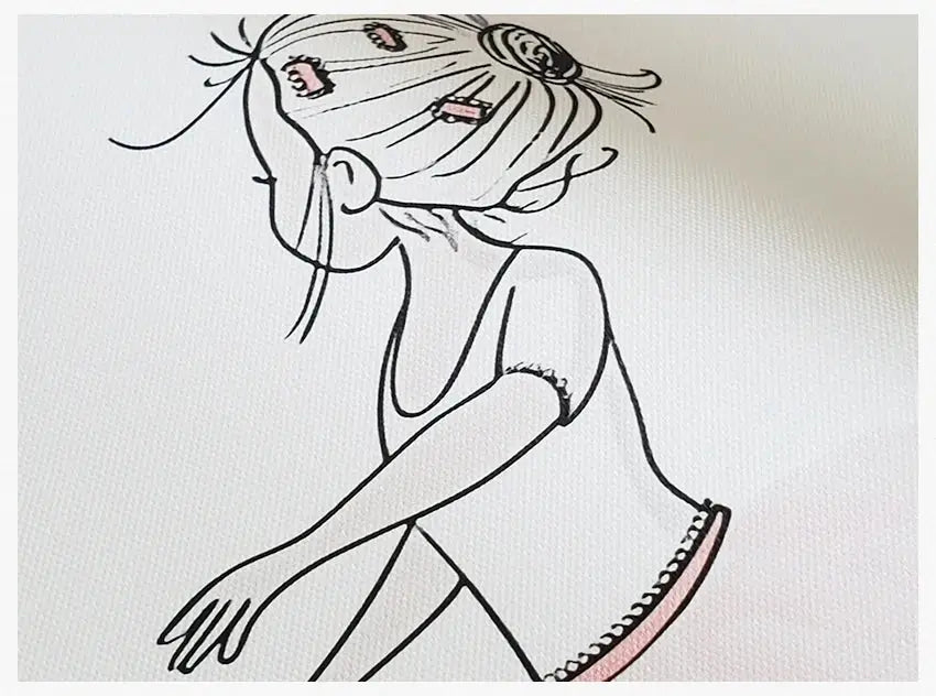 Whimsical black-and-white canvas wall art of a girl with pink hair clips and lace trim by decorbites dog lover nordic