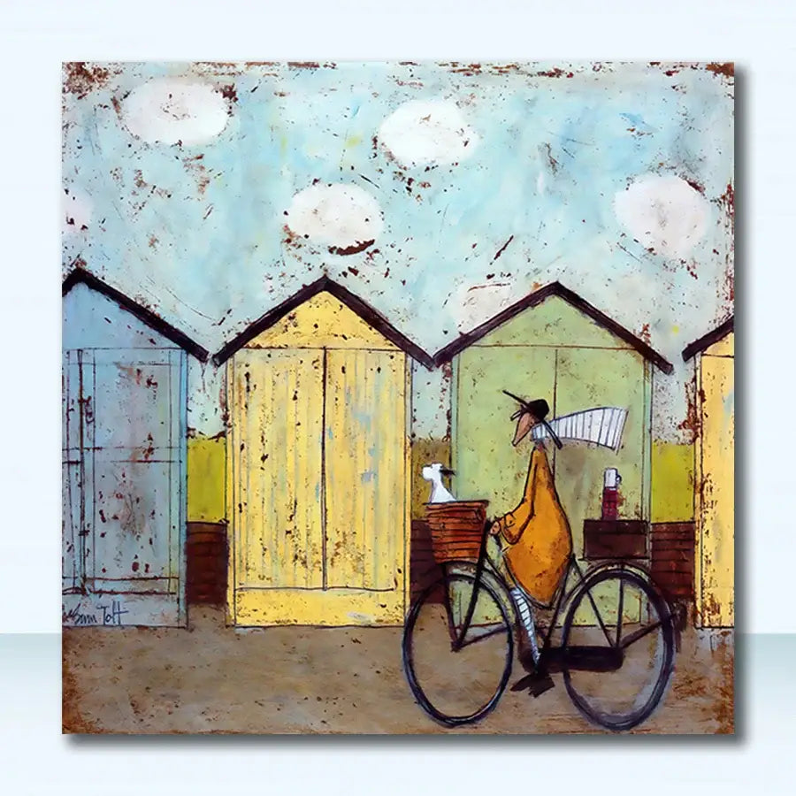 Decorbites™ dog lover nordic canvas wall art featuring a whimsical cyclist in an orange coat by colorful beach huts