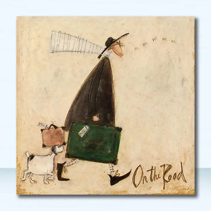 Decorbites dog lover nordic canvas wall art depicting a traveler in black pulling green and brown suitcases with a dog