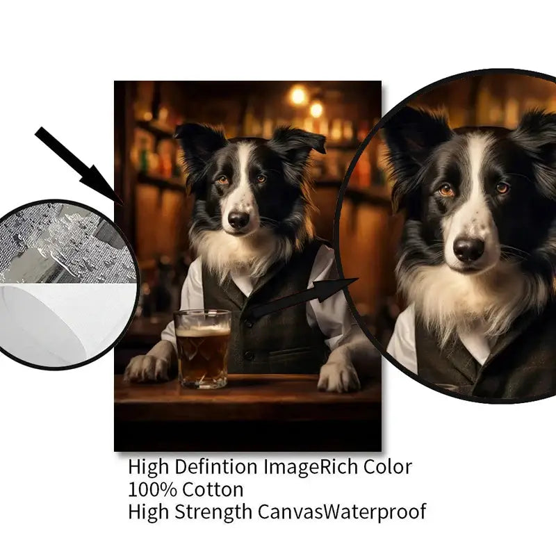 Black and white border collie portrait on 100 percent cotton canvas decorbites™ dog pub canvas wall art