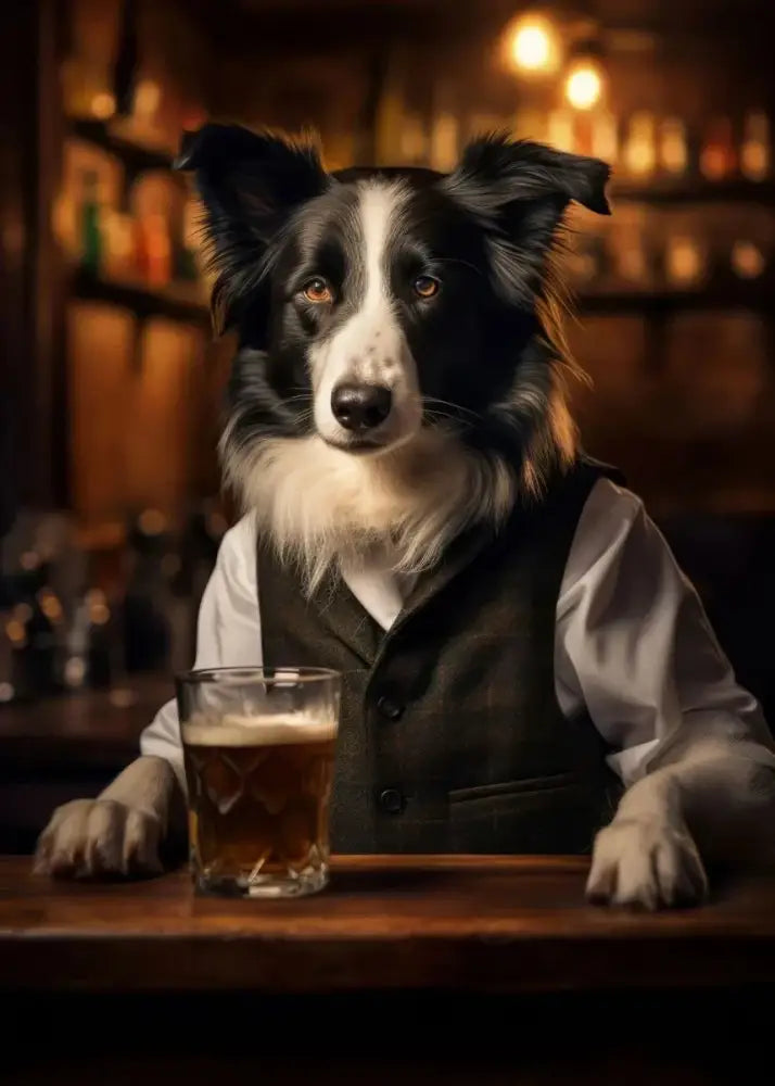 Decorbites™ dog pub canvas wall art featuring a black and white border collie in a green vest at a wooden bar counter