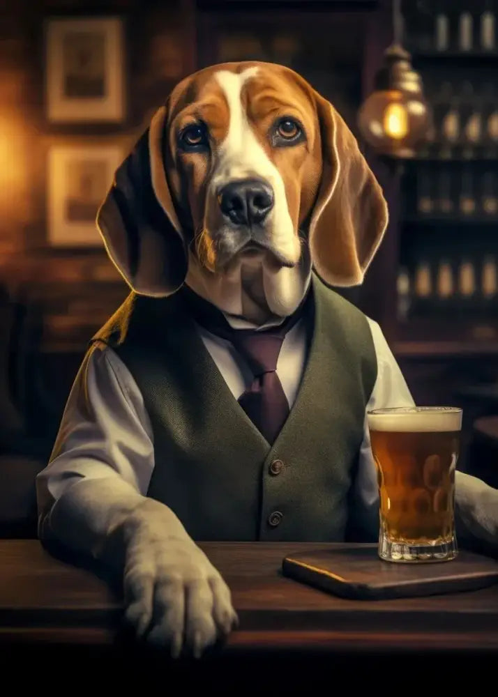Decorbites™ dog pub canvas print featuring a brown and white beagle in a green vest at a bar wall art