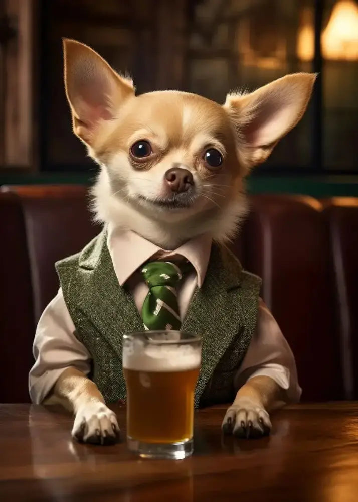 DecorBites™ dog pub canvas print featuring a chihuahua in green tweed vest at bar with beer glass wall art