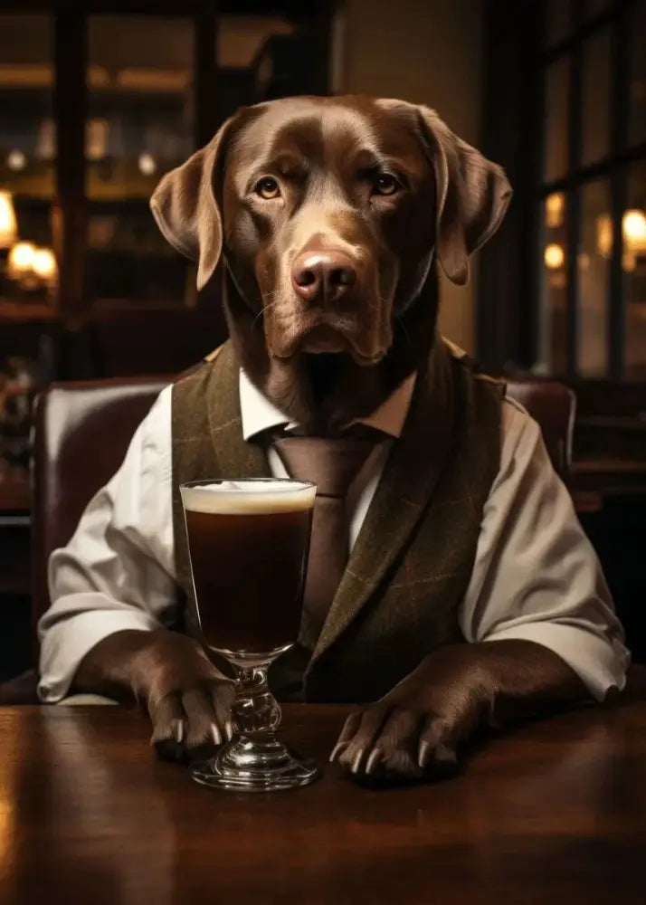 A chocolate labrador retriever in a brown plaid vest on a dog pub canvas wall art by DecorBites™