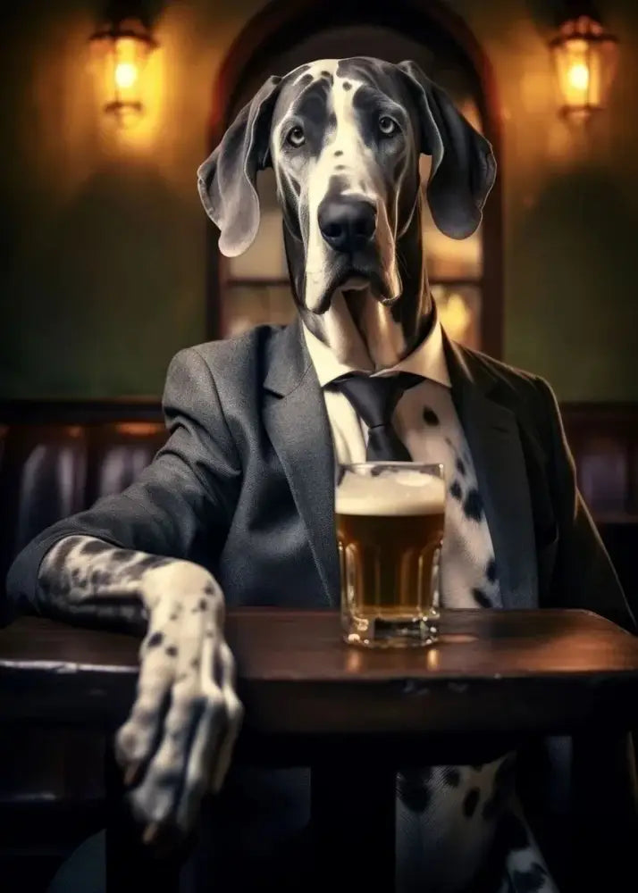 DecorBites™ dog pub canvas wall art featuring a dalmatian in a dark gray suit with a glass of beer on wood table