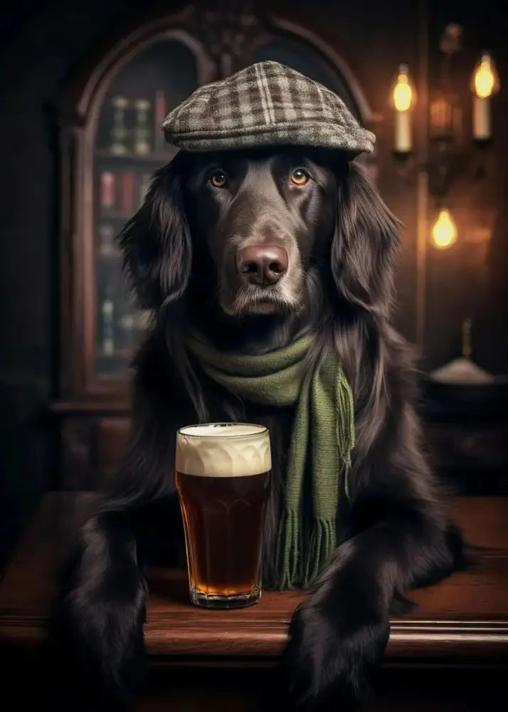 Decorbites™ dog pub canvas wall art featuring a dark brown dog in a plaid cap with a pint of amber beer