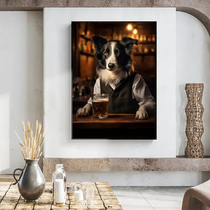 A framed black and white border collie dog pub canvas holding a beer glass on shelves for wall art decorbites animal print