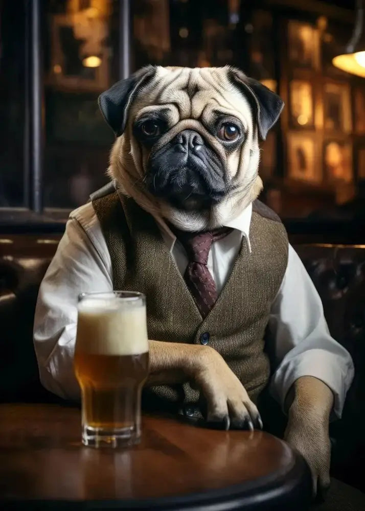 Decorbites™ dog pub canvas print featuring a pug in a brown tweed vest at a wooden table with beer wall art