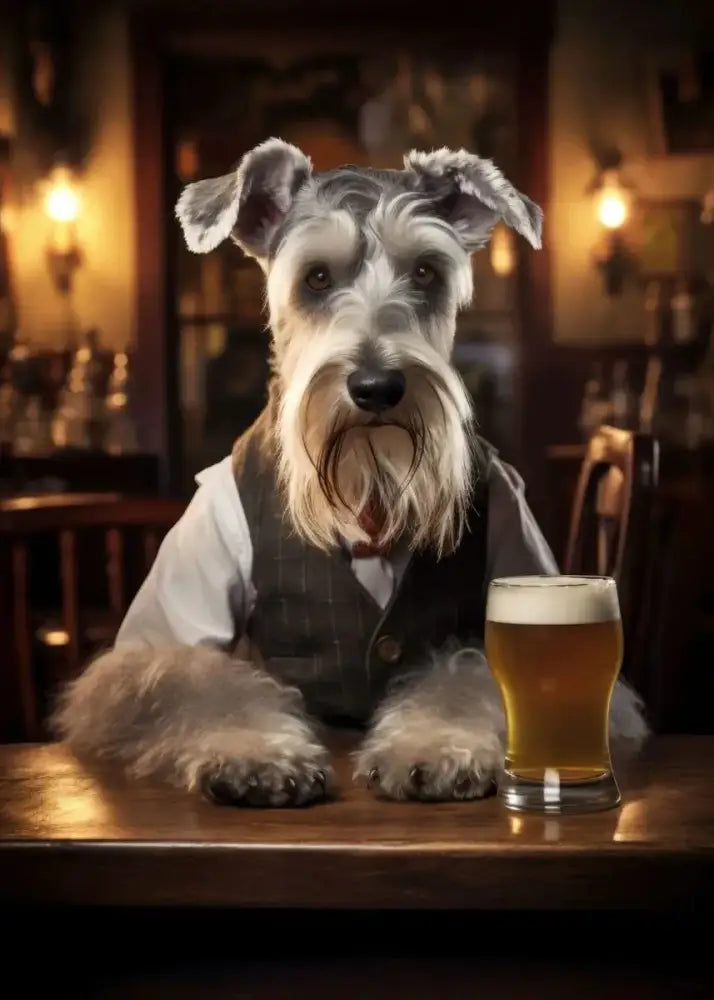 A scruffy gray and white schnauzer in a dark vest sitting at a table with amber beer in dog pub canvas wall art