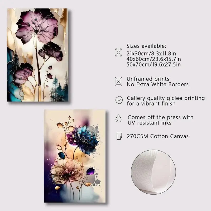 Artistic decorbites™ dreamy flowers canvas posters featuring vibrant purple and blue blossoms on textured cotton canvas