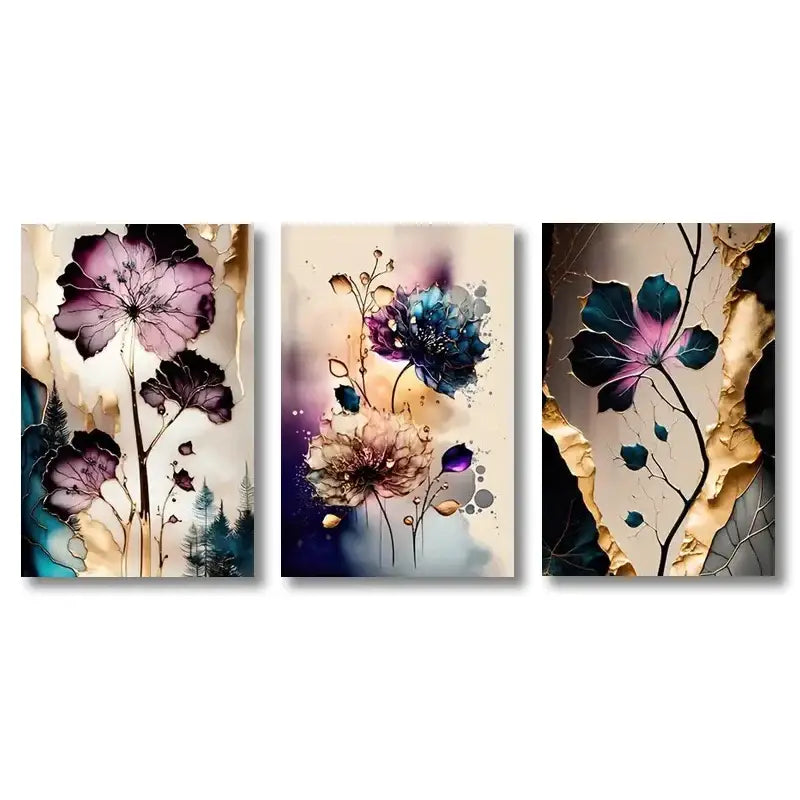 Set of three DecorBites dreamy flowers canvas posters with vibrant purple blue and teal blossoms on beige backgrounds