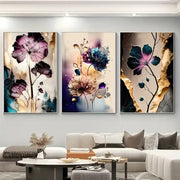 Three-panel dreamy flowers canvas posters featuring vibrant purple blue and gold textured brushstrokes by decorbites