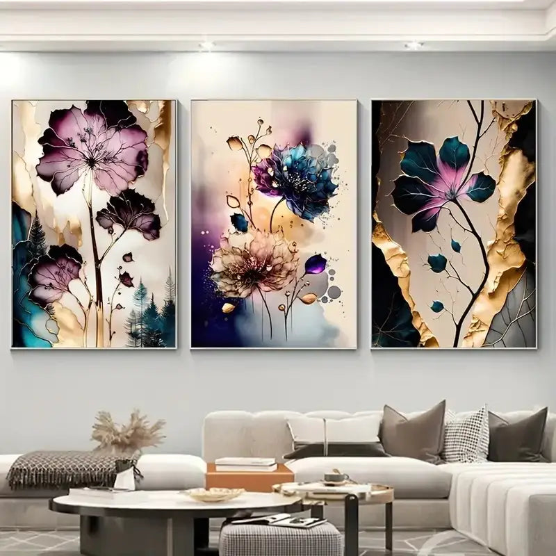 Three-panel dreamy flowers canvas posters featuring vibrant purple blue and gold textured brushstrokes by decorbites