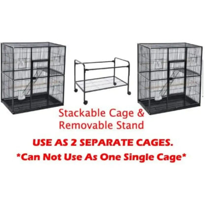 Black metal stackable dual breeding flight cage with multiple levels and removable wheeled stand for parrots