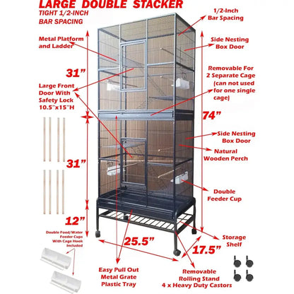 Black metal double stacker breeding flight cage with removable rolling stand and side nesting box doors by decorbites