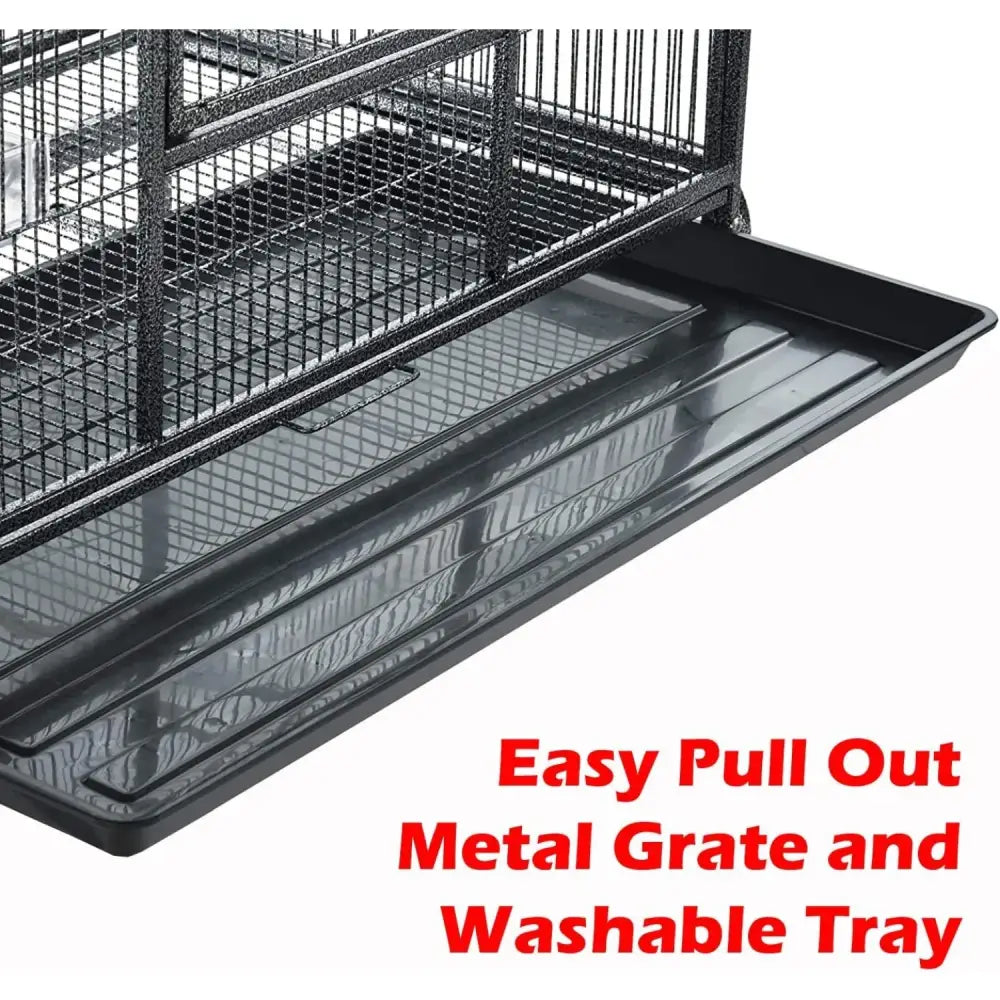 Black metal grate and washable tray for easy pull out cleaning in decorbites dual breeding flight cage for parrots