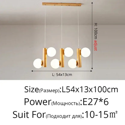 Modern gold bamboo e27 pendant lamp featuring six frosted glass globes on slender fixtures for dining room lighting