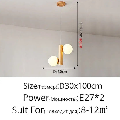 Modern gold bamboo e27 pendant lamp with two frosted glass spheres and adjustable polished brass frame for dining room
