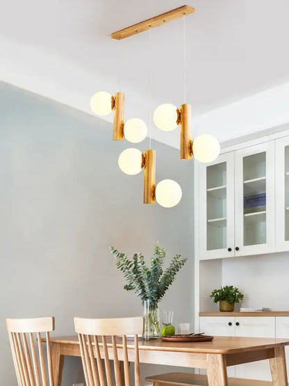 Modern gold bamboo e27 pendant lamp with spherical glass bulbs and wooden ceiling mount for dining room lighting