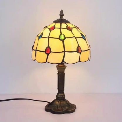 Yellow stained glass e27 retro baroque led table lamp with colorful gemstone accents and dark bronze base for decor