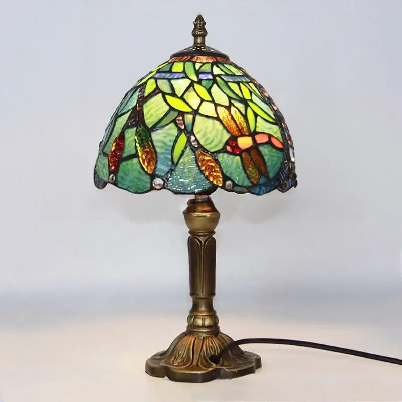 Decorbites e27 retro baroque led table lamp with vibrant green yellow orange dragonfly stained glass shade