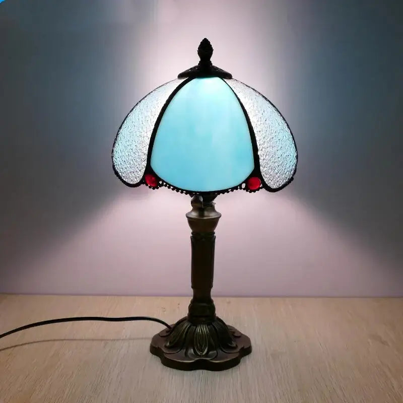 Decorbites e27 retro baroque led table lamp with light blue stained glass shade accents red beads and black metal trim