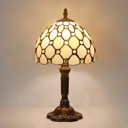 Decorbites e27 retro baroque led table lamp with honey-toned hexagonal stained glass shade and brass base for reading desk decor