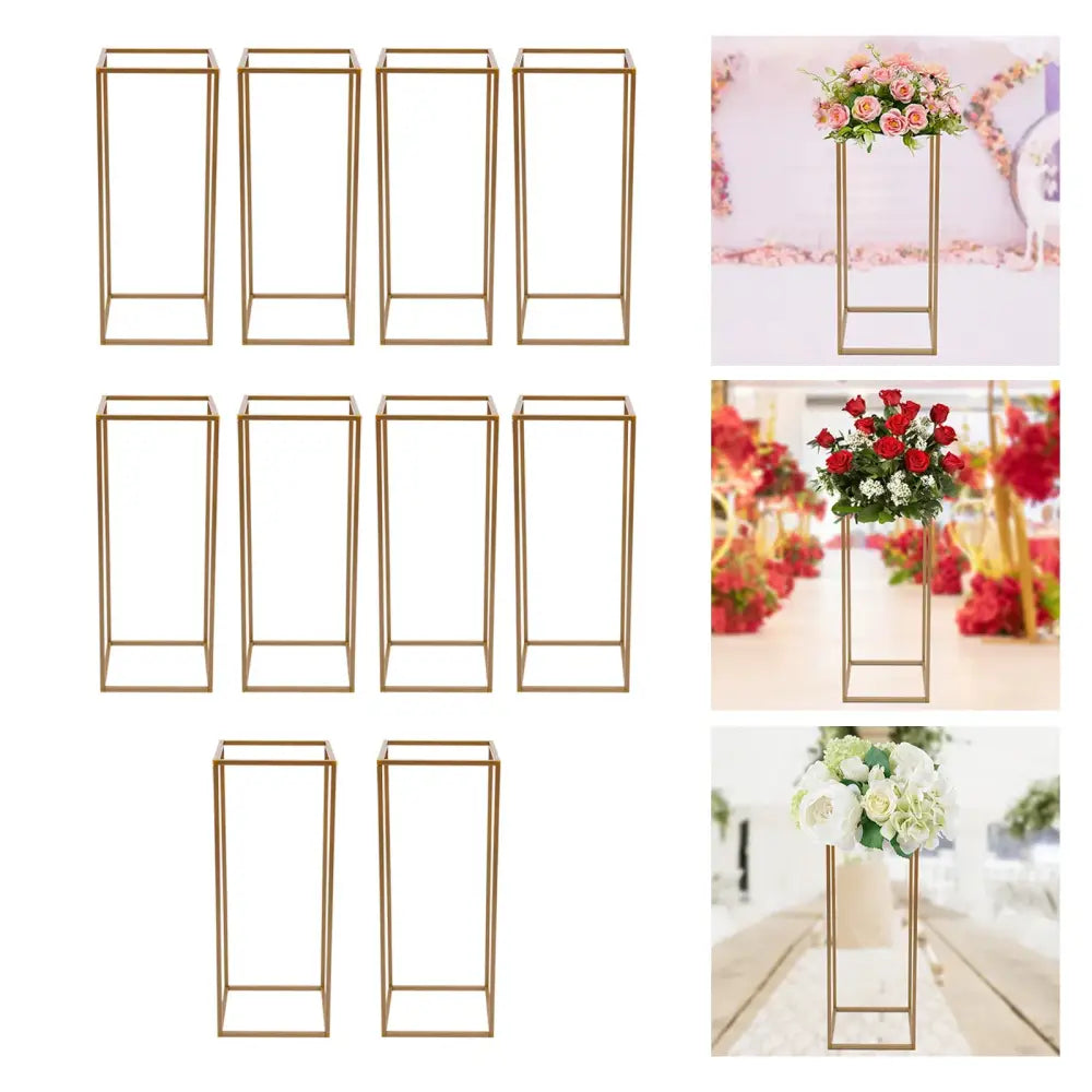 DecorBites™ elegant 10-piece gold metal flower stand with sleek rectangular frame for wedding flower displays