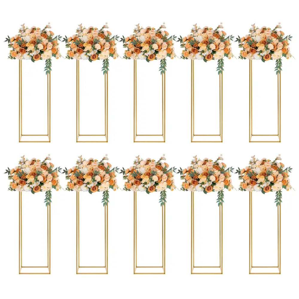DecorBites™ elegant 10-piece gold metal wedding flower stand with lush peach and cream rose arrangements and greenery