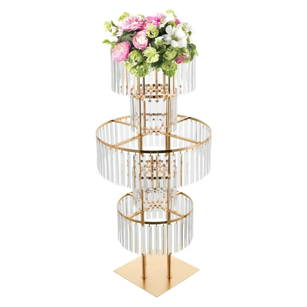 Decorbites elegant 5-tier gold wedding flower stand with crystal tiers and pink white green floral bouquet on top