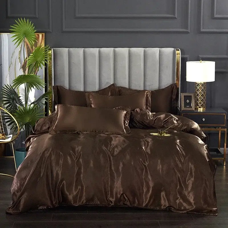 Rich chocolate brown satin bed sheet set with glossy luxurious finish pcs suitable for width bed by decorbites