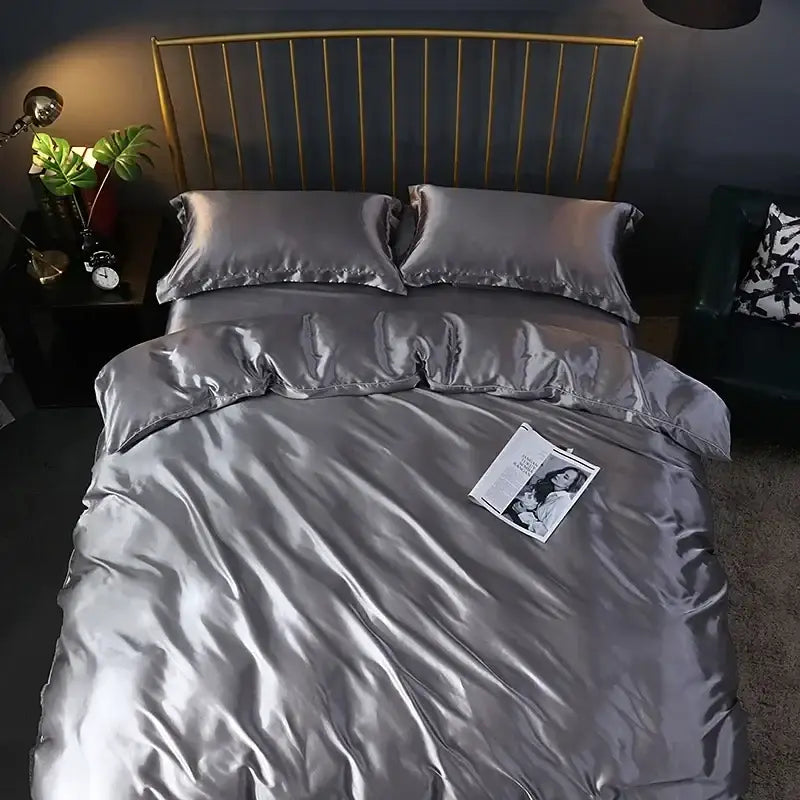 Silk-gray satin bed sheet set by decorbites featuring a smooth duvet cover and two pillows for width bed use
