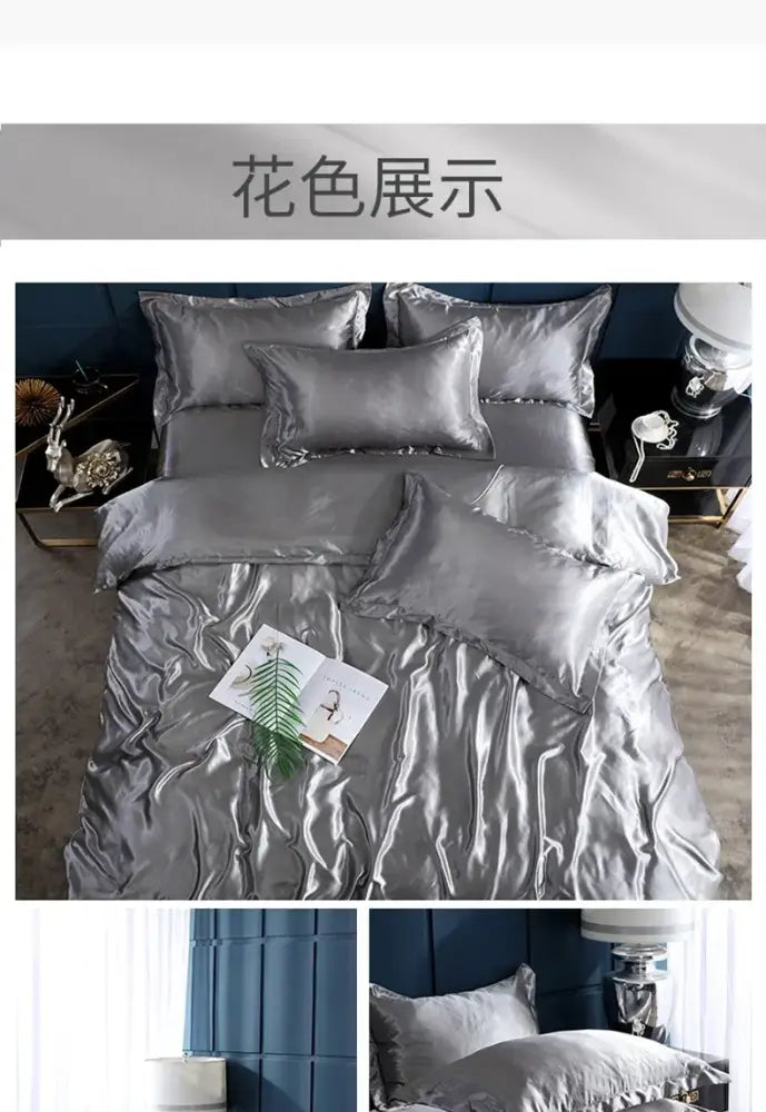 Decorbites™ elegant bedding ensemble silver satin duvet cover and bed sheet with glossy finish and ruffled edges